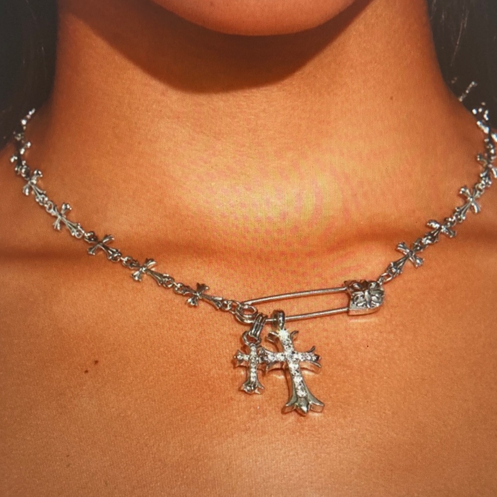 Sterling Silver Cross Charm Safety Pin Necklace - Women